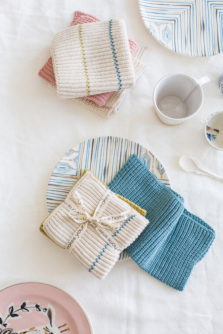 Molly knitted dishcloth, seablue + stripe